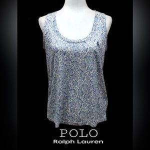 POLO Ralph Lauren Floral‎ Pony Tank Top, Blue & White, Size Medium